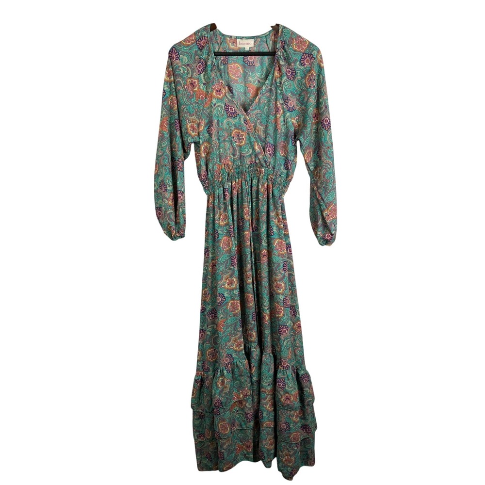 Boemo Anthropologie Teal Paisley Floral Tiered Maxi Dress Long Sleeve Smocked 8